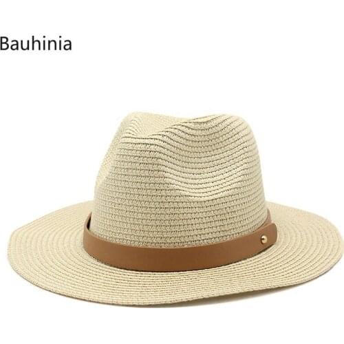 2021 New Beige Straw Hats Summer Beach Sun Caps for Women Men Outdoor Travel Panama Wide Brim Fedora Jazz Hat