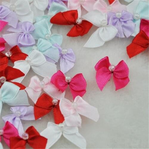 50pcs Mini Satin Ribbon Flowers W/Beads Bows Gift Craft Wedding Decoration B81