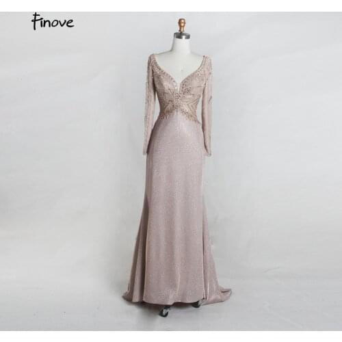 Finove Sparkly Evening Dresses 2020 New Arrivals Sexy Deep V-neck Long Sleeves With Luxury Beaded Mermaid Dress Gowns For Women