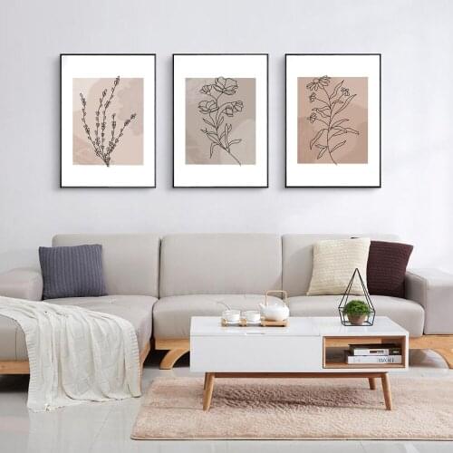 Botanical Poster Beige Line Drawing Canvas Painting Minimalist Art Print Leaf Flower Wall Picture For Livng Room Home Décor