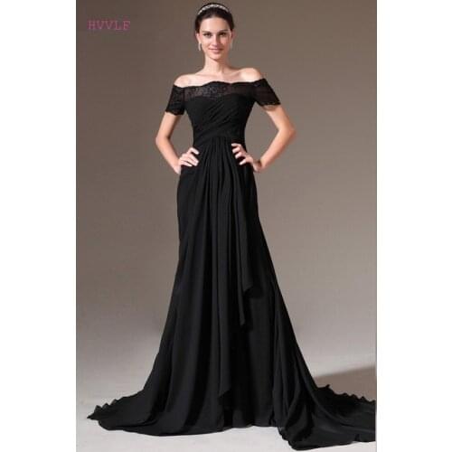 Black Evening Dresses A-line Boat Neck Cap Sleeves Chiffon Lace Plus Size Long Evening Gown Prom Dresses Robe De Soiree