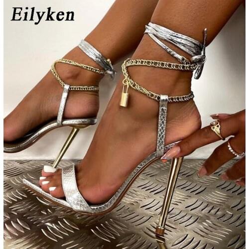 Eilyken 2022 New Ankle Strap Silver Womens High Heels Sandals Pointed Toe Female Party Shoes Sandalias de mujer