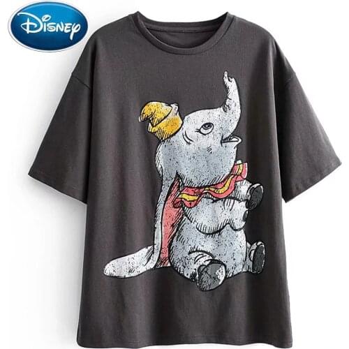 Disney Cute Dumbo Elephant Cartoon Acrobatics Print Chic Fashion Women T-Shirt O-Neck Pullover Short Sleeve Casual Loose Tee Top