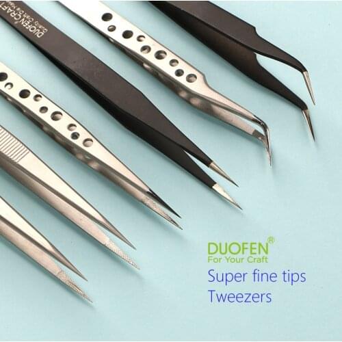 DUOFEN quality fine tip tweezers straight tip curved tip stainless steel black coated for your craft projects