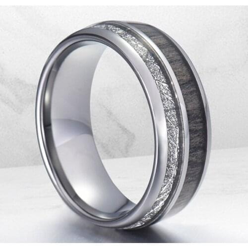 New 8mm Width Stainlness Steel Ring for Man High Polished inlay Meteorites & Deer Antler Pattern Size 6-14