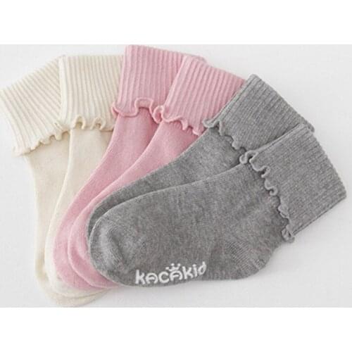 Cute Newborn Baby GirlsSock Cotton Nonslip Floor Sock Solid Color Candy Colors Wavy Lace Flanging Short Socks 3 Pairs Soicks