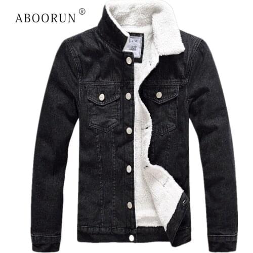 ABOORUN Plus Size 5XL Mens Winter Denim Jackets Thick Fleece Denim Jackets Casual Warm Coat Parkas for Male