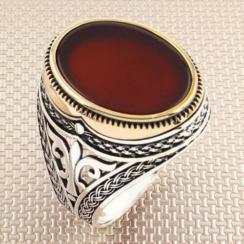 Straight Oval Red Agate Stone Men Silver Ring With Symmetrical Motif Made in Turkey Solid 925 Sterling Silver