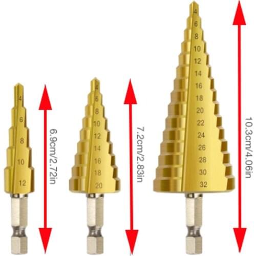 3pcs 1/4 Step Cone Taper Drill Bit Set Hole Cutter Metric Titanium Coated Metal Hex Stepped Drill Bits 4-12/20/32mm