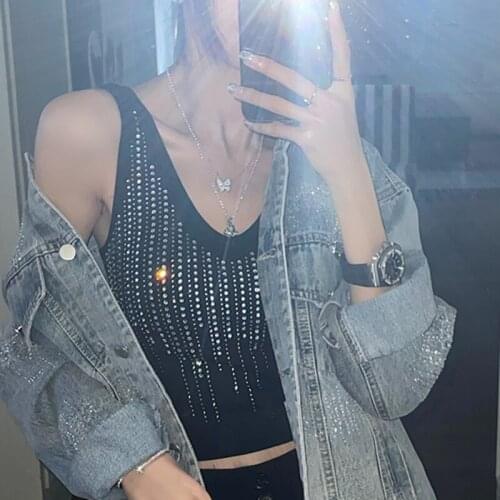 2021 Summer New Ice Silk Sweater Womens crop top T-shirt Heavy Industry Hot Drilling V-neck T Shirt Womens Thin Top