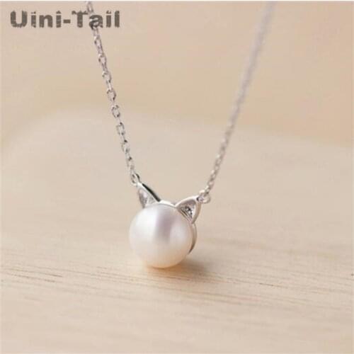 Uini-Tail hot new 925 sterling silver cat head artificial pearl necklace Korean girls sweet wild cute high quality jewelry GN872