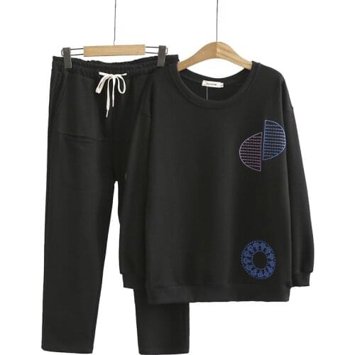 Plus Size XL-4XL Womens Long Sleeved Embroidery Hoodies + Elastic Waist Long Pants 2pieces Sets Casual Spring Autumn Suits