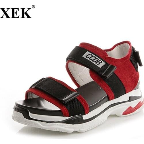 XEK Women Sandals Female 2018 Summer Lycra Women Shallow Sandals Girls Matte Lady Leather Lycra Design Matching Shoes JH203