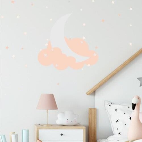 Gray Moon And Pink Cloud Star Wall Sticker Cartoon Wallpaper For Baby Room Decoration Creative Removable Kindergarten Wall Mural