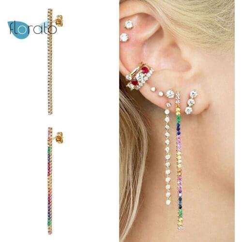 925 Silver Ear Needle Colorful Crystal Long stud Earrings Shiny CZ Zircon Hanging Stud Earrings Minimalism Jewelry Accessories