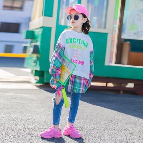 Teens Kids Loose Sweater 2021 New Springs Girls Fake Two-piece Pullover Blouse Girl Lattice Long Sleeves Sport Sweatshirt Dress