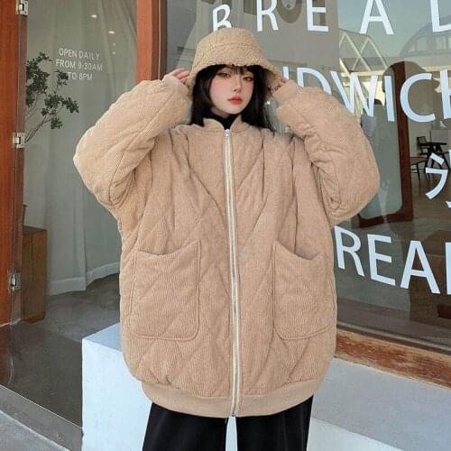 Corduroy Cotton Jacket Winter Parka Woman Cotton Padded Jacket Fashion Warm Loose Coat Casual Female Baseball Uniform Jacket2021