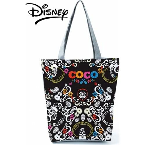Disney Coco Handbag Women Black Shoulder Bag High Capacity Cartoon Shopping Bag Travel Foldable Beach BagSkull Halloween Gift