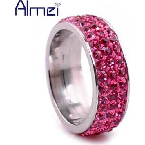 Almei Women Rings Fashion Crystal Stainless Steel Anel Vintage for Wedding Engagement White/Red/Purple Zircon Ring Anel YL003