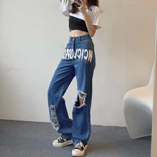 Y2k Vintage Letter Print Casual Loose Hole Ripped Jeans For Women Streetwear High Wasit Jean Trousers Blue Denim Pants Wide Leg