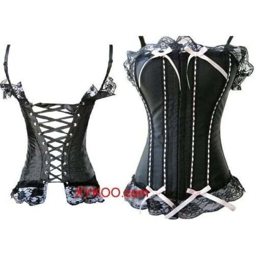 Ladies Satin Lace Up Basque Corset Sexy lingerie costume S-XXL black B905
