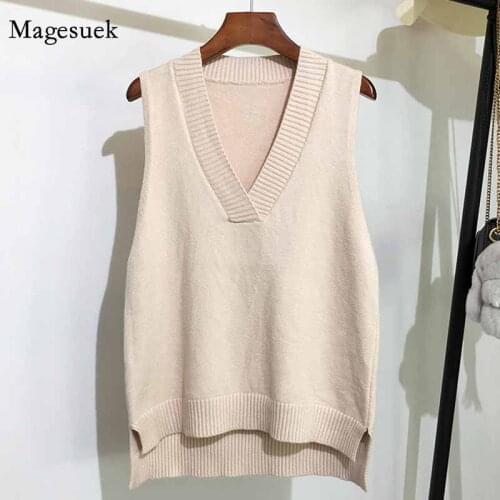 Women Sweater Loose Wild Solid Autumn and Winter New Korean Women Sleeveless Sweater Vest V-neck Knitted Pullover Sweater 11810