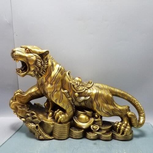 19" Chinese Seikos Bronze Tiger climbing statue Tiger stepping on ingot Implication Lucky fortune Wangcai Decoration