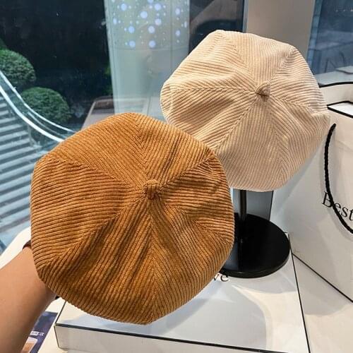 Beret womens spring and autumn corduroy casual solid octagonal hat fashion casual painter hat newspaper childrens hat girl