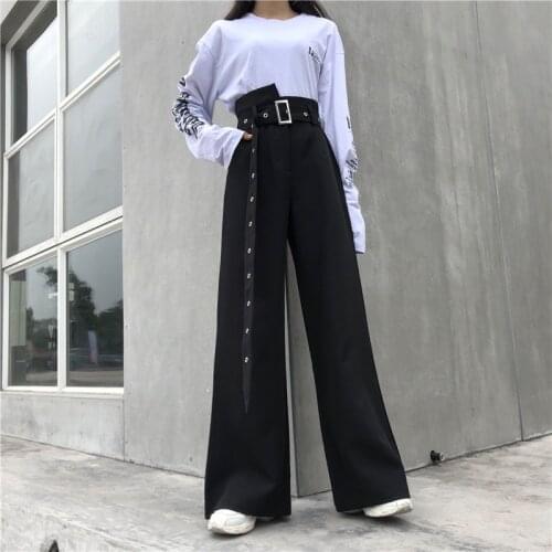 Korean Street Fashion Women Wide Leg Pants Spring Summer Harajuku Gothic High Waist Casual Loose Belt Black Trousers Ropa Mujer