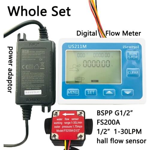 US211M Digital Flow Meter Totalizer Flow Measurement with FS200A Nylon Water Flow Sensor G1/2" Turbine Flowmeter iSentrol