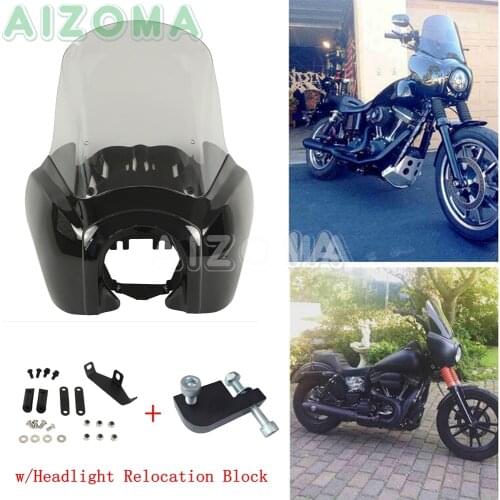 Gloss Black Front Fairing w/ 15" Clear Windshield Kits Motorcycle Headlight Mask Cover for Harley Dyna FXR FXD FXDB 1987-2017