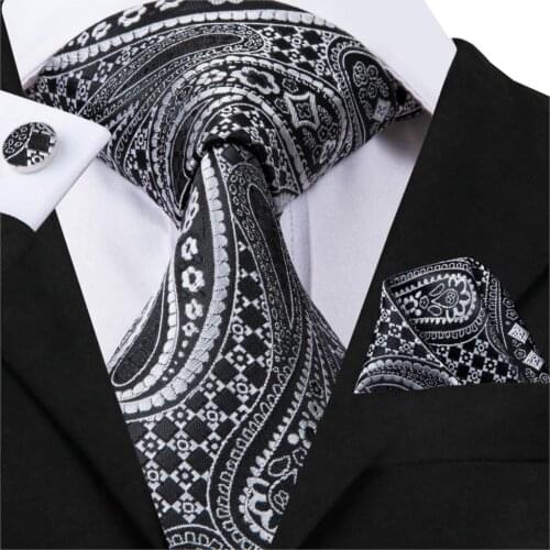 Hi-Tie Luxury Silk Paisley Tie Mens Formal Black Tie Pocket Square Cufflinks Set Male Fashion Business Neckties 8.5cm C-3080