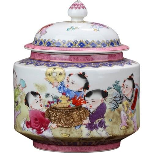 Jingdezhen ceramic powder color tea can loose tea sealed can snack can household small retro storage tank with cover