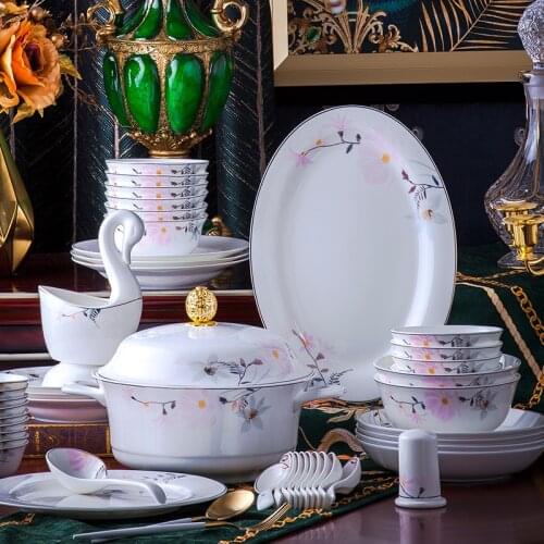 58 Heads Jingdezhen Ceramic Dinner Tableware chinese dishes Rice Bowl Soup Bowl Salad Noodles Bowl Plate Dinnerware Sets