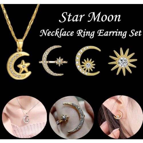 Star Moon Ring Earring Necklace Set Jewelry Accessories For Women Gift Beautiful Fashion New 2021