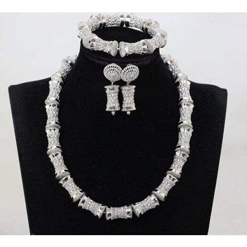 Elegant Silver Cylinder Rhinestoned Necklace Earrings Set Dubai Arab Wedding Jewelery LC021