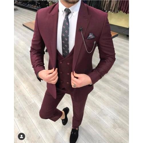 Burgundy Costume Homme Men Suits 3 Pieces Peak Lapel Slim Fit Suits Groom Tuxedos Terno Wedding Blazer (Jacket+Pants+Vest)