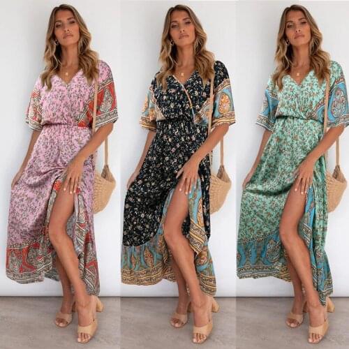 Hot Women Dresses Summer 2021 Sexy V Neck Floral Print Boho Beach Dress Ruffle Short Sleeve Long Maxi Dress Wrap Sundress Robe