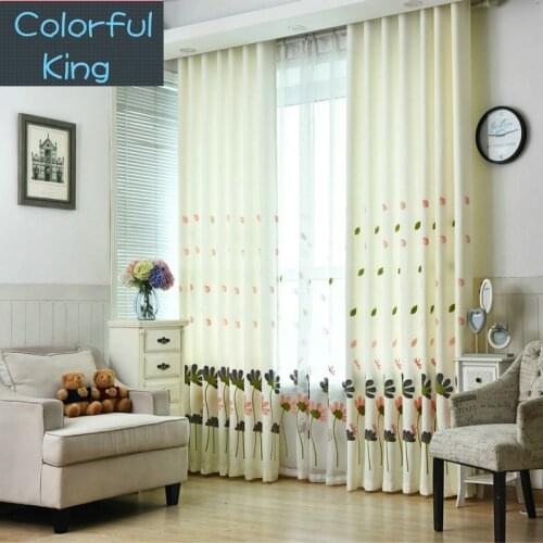 Linen Curtain for Kitchen Luxury White Flower Embroidered Window Treatment Beige Blue