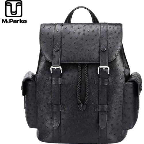 McParko Ostrich Backpack Men Leather Bags Luxury Ostrich Genuine Leather Backpack For Men High Street Hiphop Back Pack Bag Black