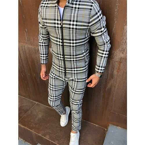 European American Mens Casual Sportswear Autumn New Stand-Up Collar Zip Cardigan Jacket+Fashion Trousers Grid Suits