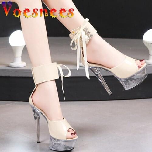 Transparent Crystal New Lace-Up Thin Heels Sandals Platform Sexy Pole Dance High Heels Peep Toe Patent Leather Party Women Shoes