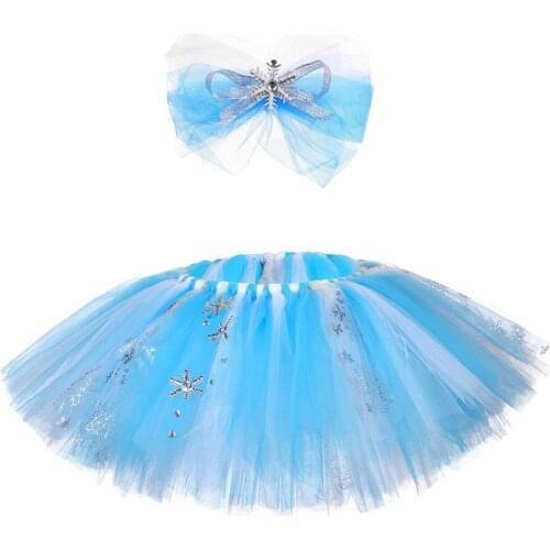 Fluffy Adult Above Knee Length Froze 2 Skirt Sequin Mesh Tulle Tutu Skirt Snowflakes Princess Elsa Skirt Outfit + Bow Hairband