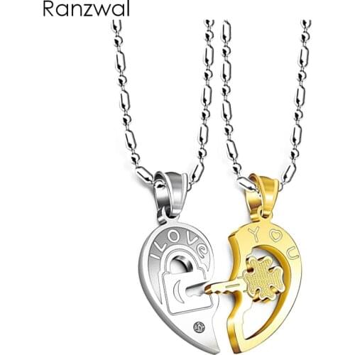 Ranzwal Romantic Stainless Steel Half Heart Pendants Necklaces for Couples Love You Key Lock Promise Necklaces 2PCS