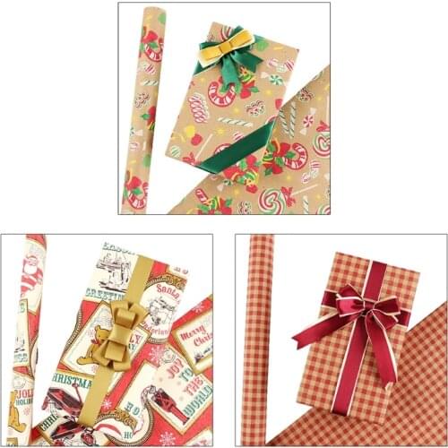Christmas Element Gift Wrapping Paper Roll Cute Candy Cane Bear Stamp Red Plaid Print DIY Packing Present Decoration N0PA