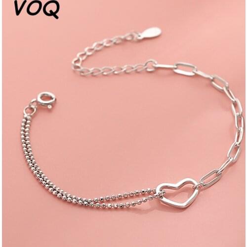 VOQ 925 Sterling Silver Double-Layer Hollow Heart Bracelet For Women Sweet Chain Student Personality Bracelet