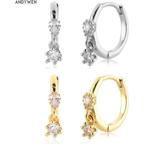ANDYWEN 925 Sterling Silver Gold Ovals Zircon Huggies Loops Piercing Clips Luxury Jewelry Pendiente Jewelry Round Rock Puck Jewe