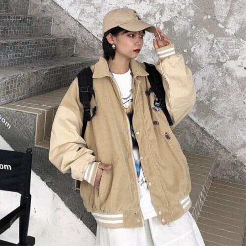 Spring Autumn New Loose Western Style Bear Embroidery Ladies Tops Harajuku Fashion Corduroy Baseball Uniform Tide Female G1309