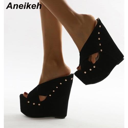 Aneikeh 2021 Sexy Peep Toe Wedges Summer Women Mules Fashion Black Flock Rivet Decoration Platform Ladies Shoes Super High Heel
