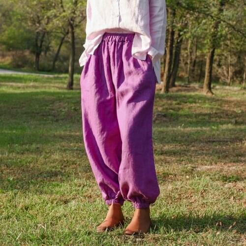 Women Loose Solid Color Vintage Linen Pants Ladies Elastic Waist Flax Trousers Female 2020 Spring Autumn Pants